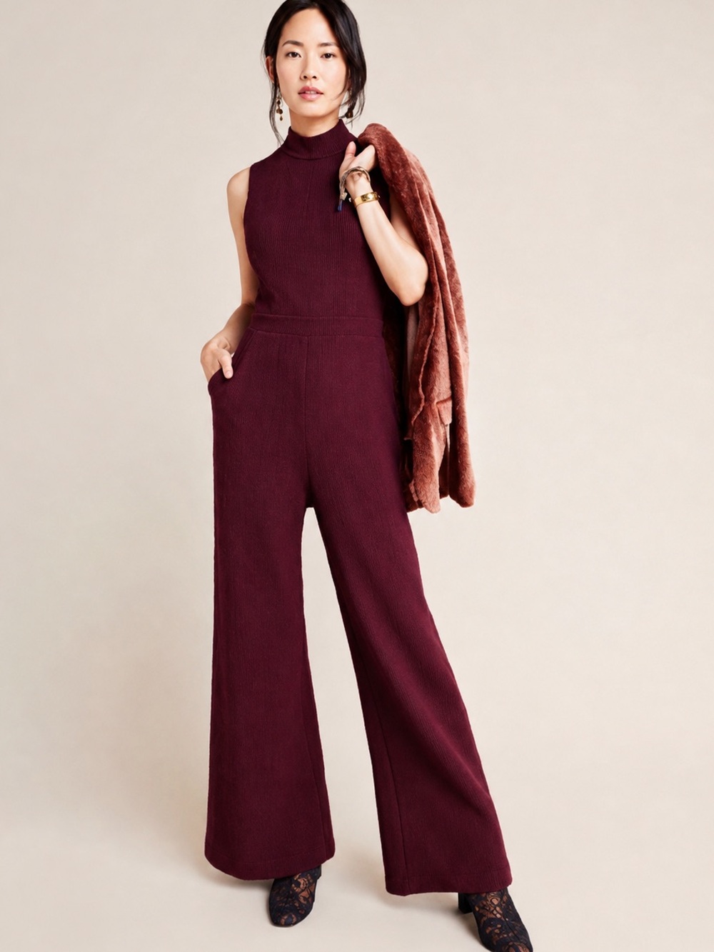 ANTHROPOLOGIE | Eva Franco Charlie Mock Neck Jumpsuit in Deep Plum, Size Small